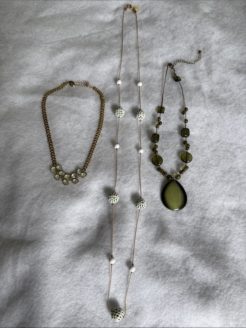 3 Necklaces: Gold-Tone and Olive Green Women's Necklace Set